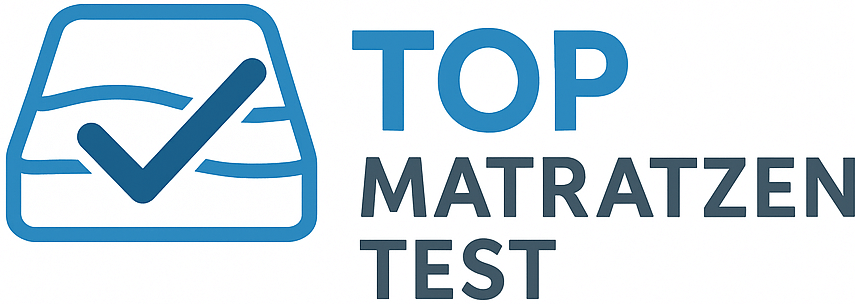 Logo mit einem Matratzen-Symbol mit Häkchen und "Top Matratzen Test" in blauer und grauer Schrift.